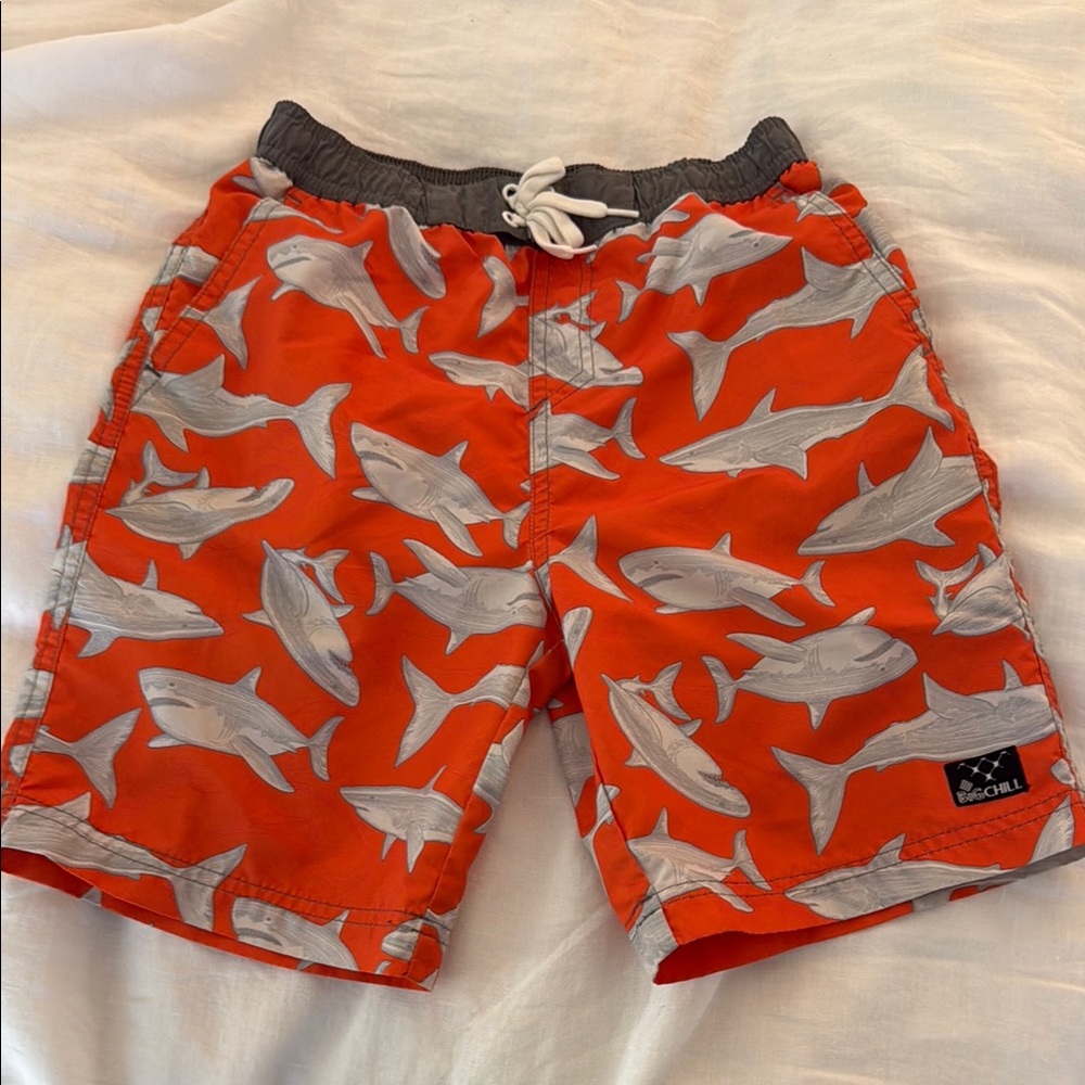 BIG CHILL Boys Red Shark Print Swim Shorts. Size 7